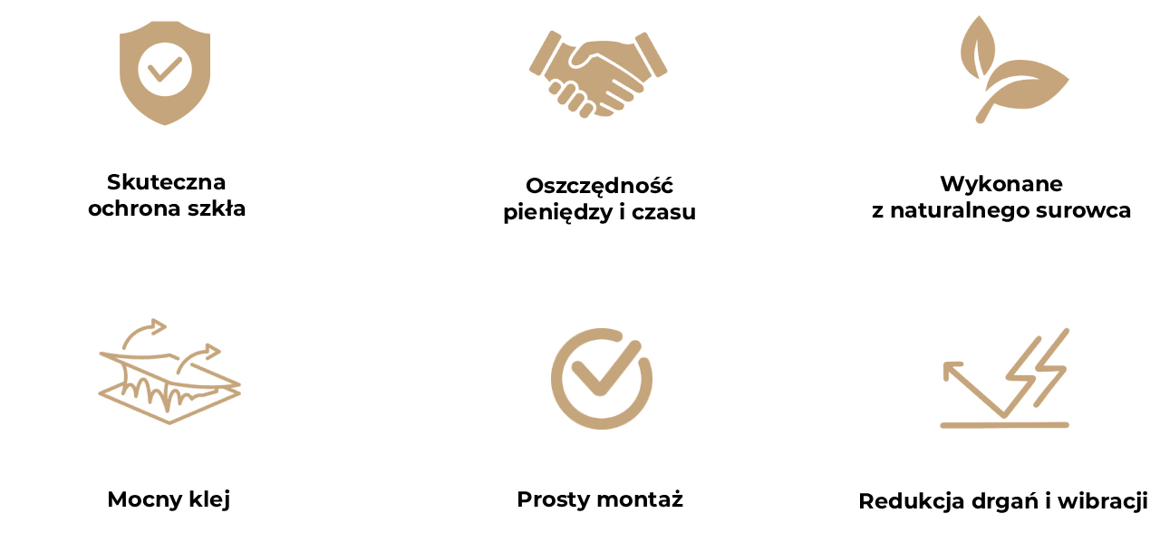 Obraz przedstawia sześć ikon opisujących zalety przekładek korkowych do szkła High Tack.